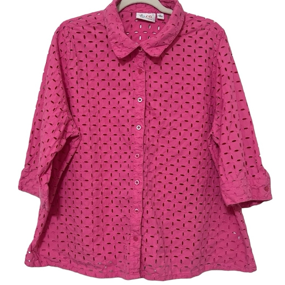 Denim N company d & co Hot pink Cotton Ovoid Coral Eyelet Button Down Shirt 2X